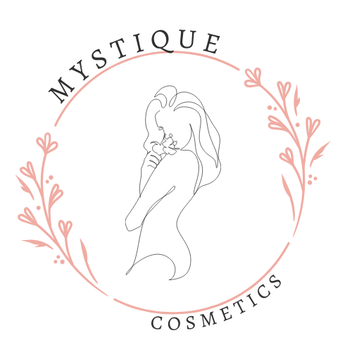 Logo for Mystique Cosmetics featuring a silhouette of a woman and floral elements on a white background.